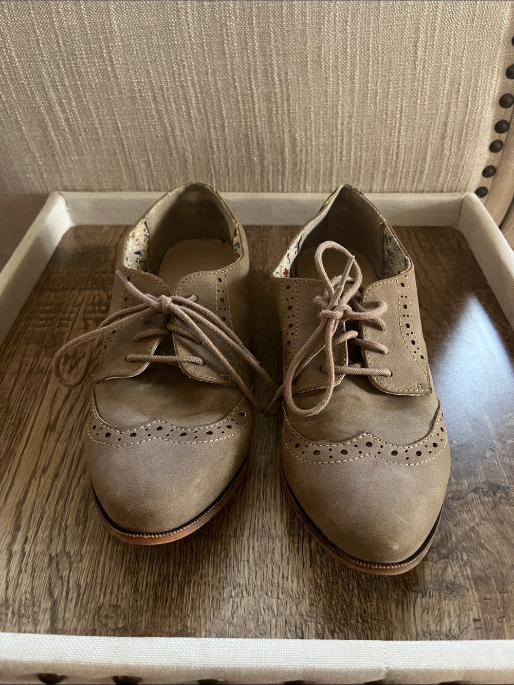 Restricted Taupe Suede Wingtip Oxford Flats